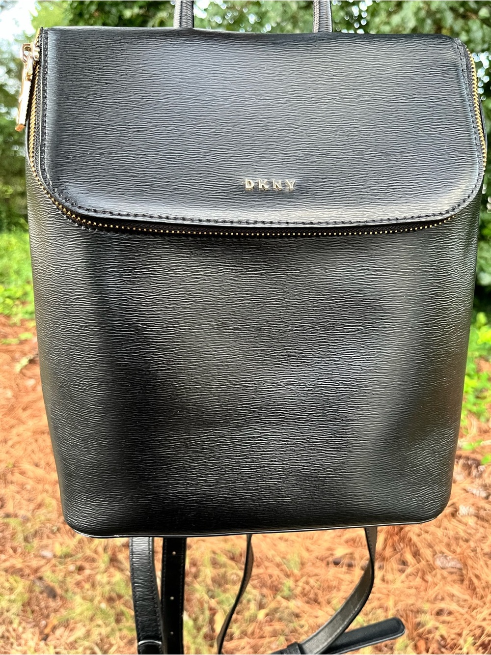 DKNY Black Textured Leather Backpack with Gold Hardware
